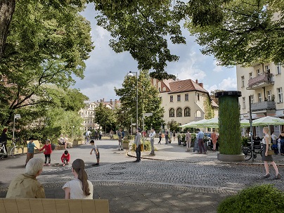 im Sden verkehrsberuhigter Mirbachplatz